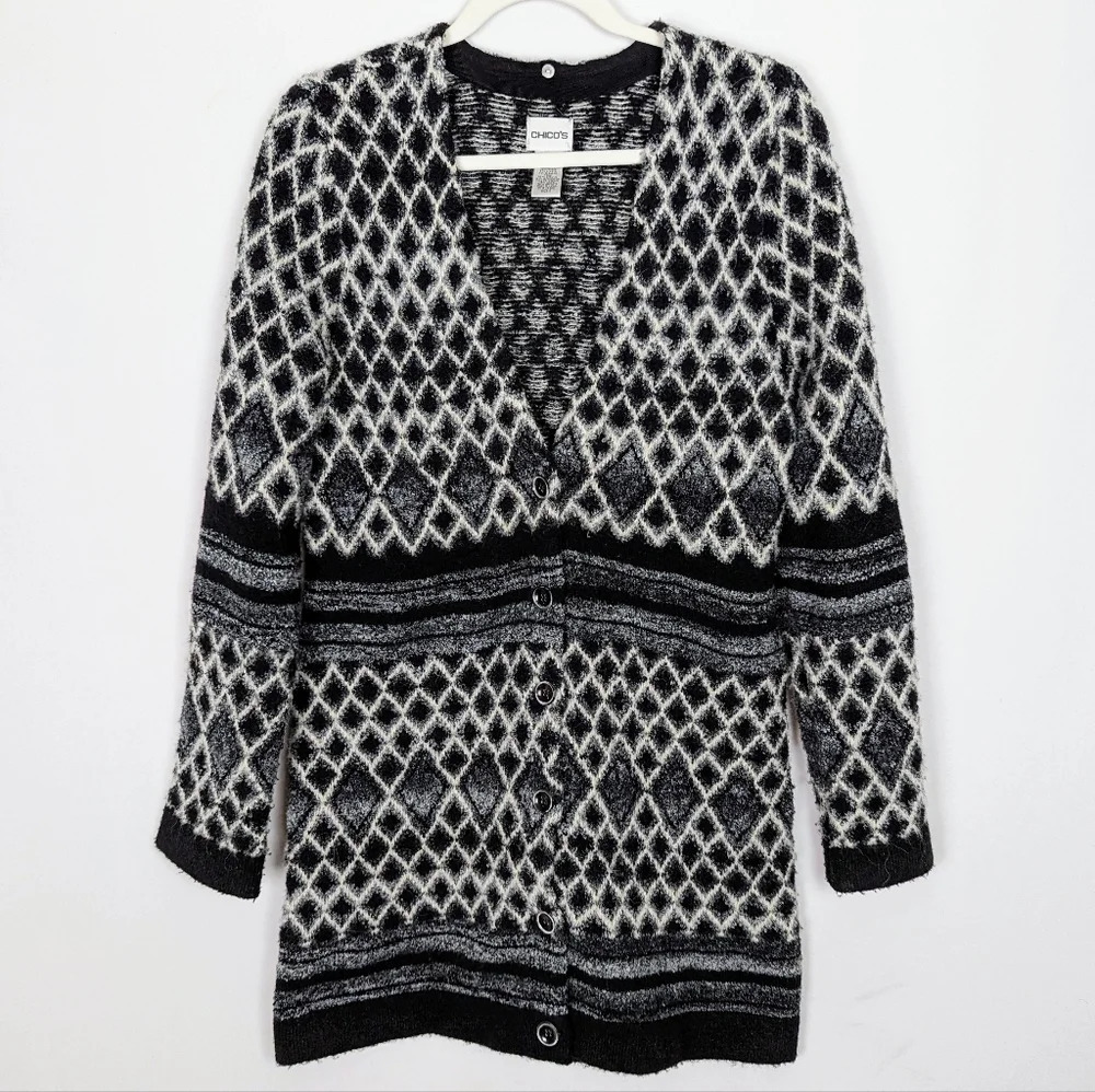 CHICOS sz.S Button Front Cardigan Diamond Fair Isle Duster Sweater Wool Alpaca